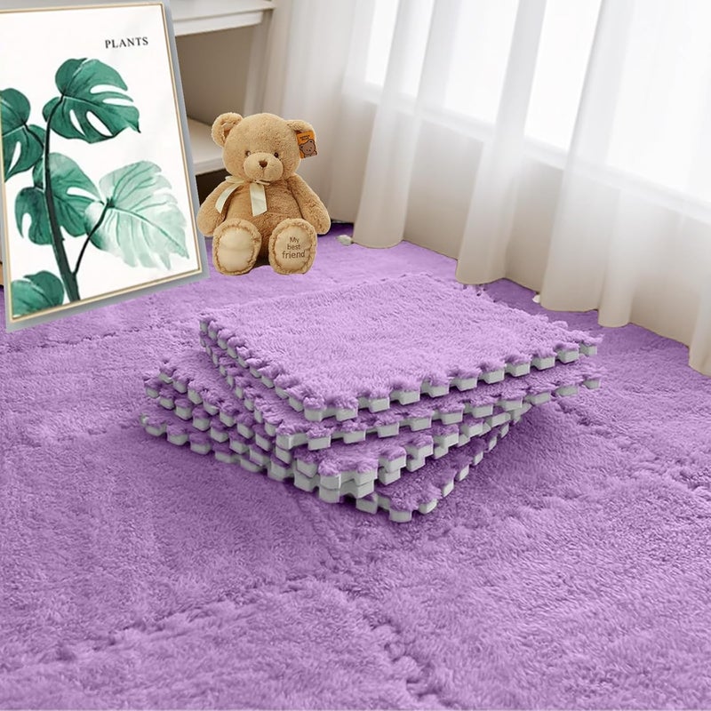 JADERLU 16pcs 0.6" Thickened Interlocking Tile Mats,Fluffy Shaggy Soft EVA Foam Area Rug for Living Room & Bedroom,Non-Slip Protective Floor Carpet Play Mat Kids Baby Dorm Home Decor (11.8ft, Purple) - Image 1